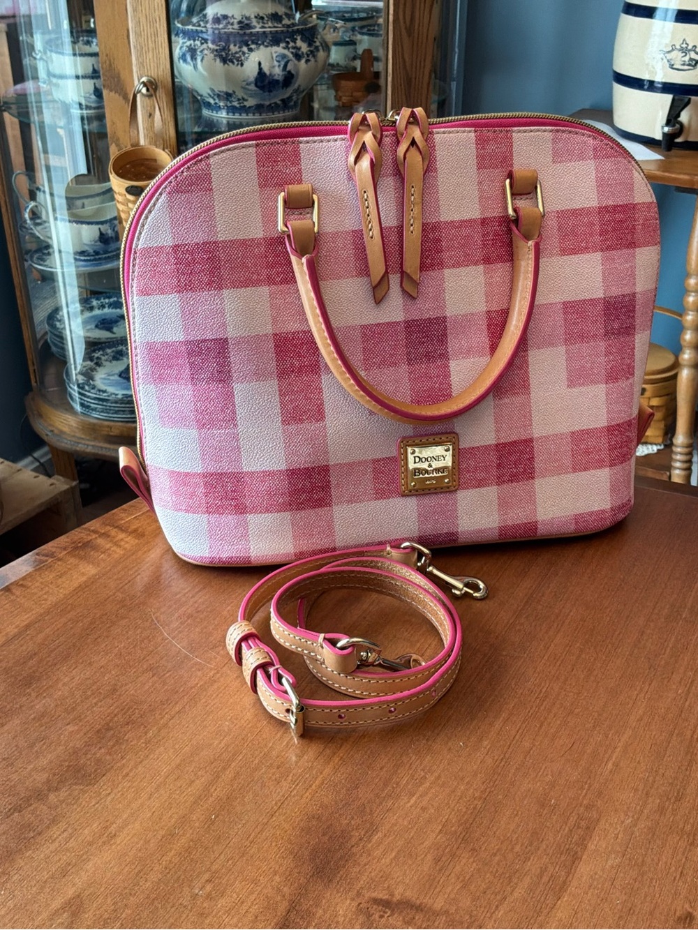 Dooney & Bourke Pink Quadretto Gingham Plaid Zip Zip Satchel